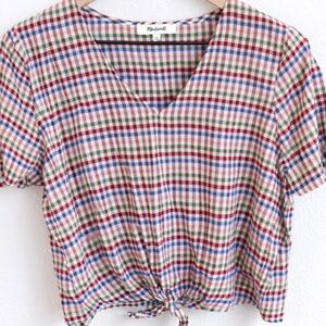 Madewell Plaid Tie Front Short Sleeve Top Size Small